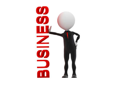 3d businessman standing near business word on whiteboardの写真素材