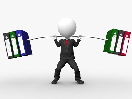 Overload 3D businessman lifting weights made of heavy files の写真素材