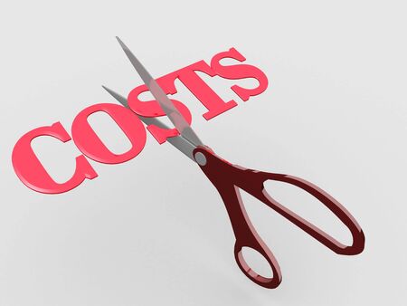 Pair of scissors cuts business expense word COSTS in half to save money の写真素材