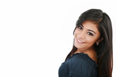 portrait of attractive caucasian smiling woman brunette isolated on white studio shotの写真素材