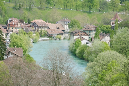 Stunning view of a beautiful town around the lake during the summer.の写真素材