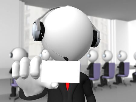 Call center operator with headphones and microphone showing a blank card の写真素材