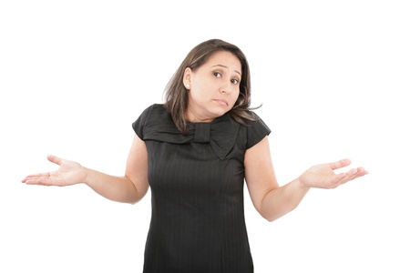 Close up of businesswoman having no idea against a white background の写真素材