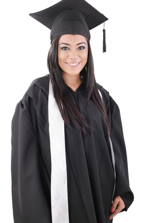Graduation of a woman dressed in a black gown の写真素材