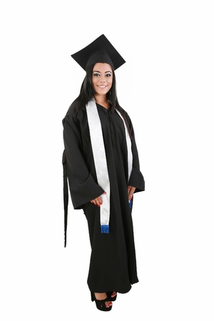 Female graduate smiling isolated over a white backgroundの写真素材