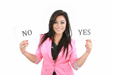 attractive young woman thinking yes or noの写真素材
