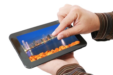 Man hands are pointing on touch screen device 