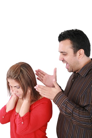 Portrait of a young woman gets earful from an annoyed man against white background 
の写真素材
