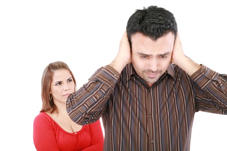 Young man and woman angry and conflicting. Focus on womanの写真素材