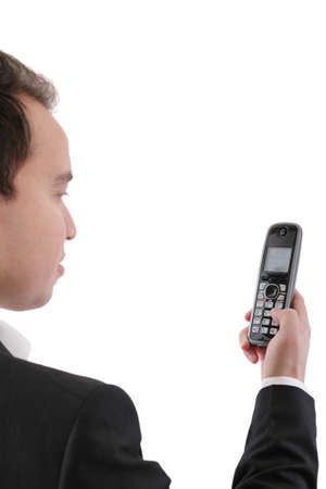 Back view of Caucasian man looking at phone.  Focus in the phone
の写真素材