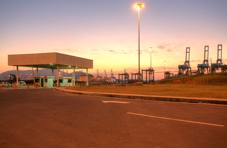 freight ship with working crane at dusk for Logistic Import Export background の写真素材