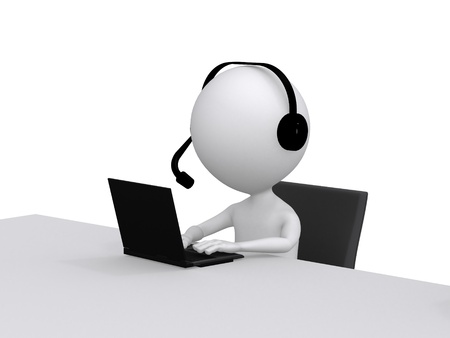 Customer Support. 3D little human character with a Headsets and a Laptop Computerの写真素材