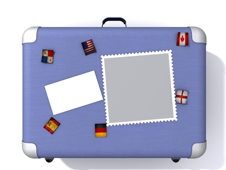 illustration of a light blue suitcase covered in travel stickers, flags. の写真素材