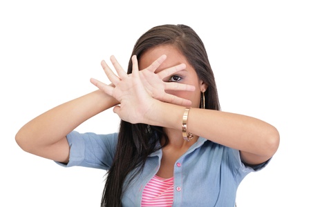 Confident woman making stop gesture sing with hand の写真素材