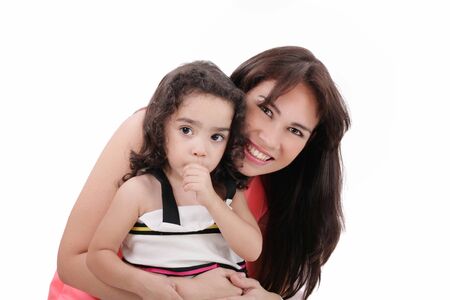 Portrait of woman with her child. Isolated on the white backgroundの写真素材