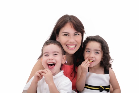 Mother, son and daughter having fun on a white background.の写真素材