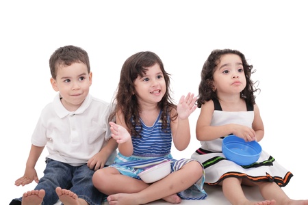 Childrens looking up surprisedの写真素材