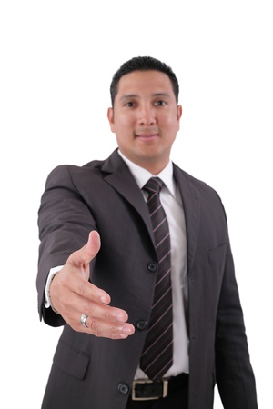 A business man with an open hand ready to seal a deal.  Focus in the hand.の写真素材