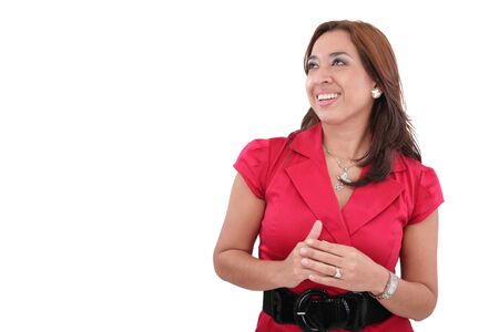 Portrait of a beautiful woman looking away smiling, isolated on a white background の写真素材