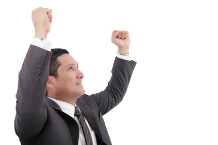 Portrait of a energetic young business man enjoying success- Isolated の写真素材