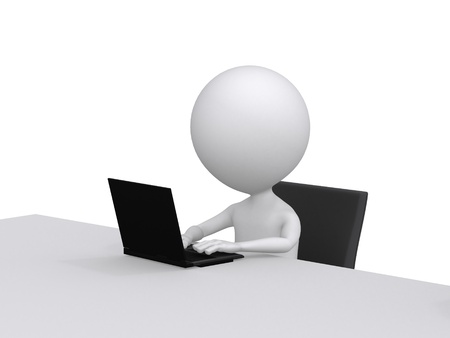 3d character Working on computer. On white background の写真素材