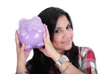 Happy business woman with her savings, isolated の写真素材