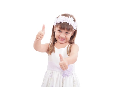 happy pretty girl with thumbs up on white background の写真素材