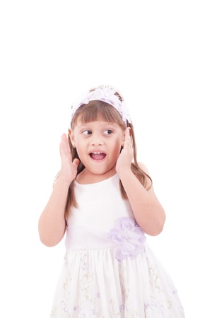 Portrait of emotionally kid. Funny little girl isolated on white background. Beautiful caucasian model. の写真素材