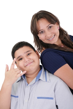 Happy hispanic mother and son portrait の写真素材