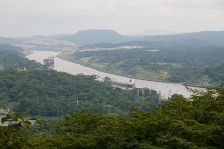 PANAMA CITY, SEPTEMBER 25: Corte Culebra, its the shortest part of the Panama Canal that give permission to the ships that transit all around the world.  It allows just one ship in this area in Panama City, Panama on Sept 25, 2013.の写真素材