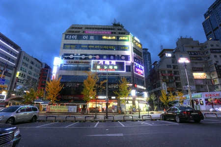 SUWON, KOREA - NOV 13, 2015: Street of Suwon city in Korea in the twilight on Nov 13, 2015. Suwon is a major educational center, home to 11 universities.のeditorial素材