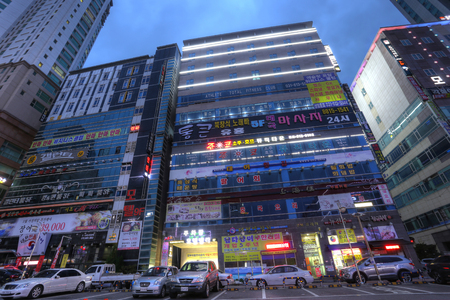 SUWON, KOREA - NOV 13, 2015: Street of Suwon city in Korea in the twilight on Nov 13, 2015. Suwon is a major educational center, home to 11 universities.のeditorial素材