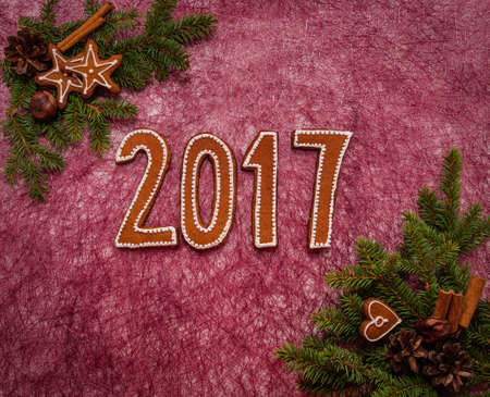 Christmas and new year background with cookies, cones and spices.の写真素材