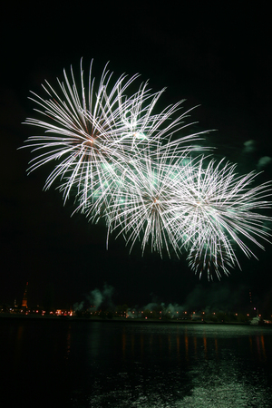 Beautiful fireworks during New Yearâs Eve celebration in Riga, Latviaの写真素材
