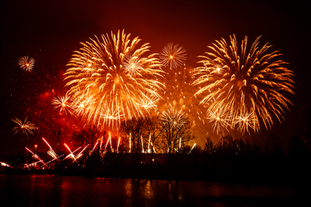 Beautiful fireworks during New Yearâs Eve celebration in Riga, Latviaの写真素材