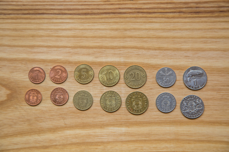 Old Latvian coins on a wooden backgrouns. Lats and centimes.の写真素材