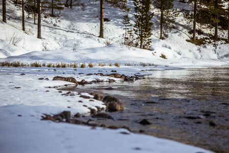 A beautiful landscape with a frozen river in the Norwegian winterの写真素材