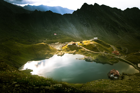 A beautiful, sunny mountain lake in Carpathiansの写真素材