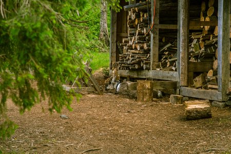 A beautiful small wooden building in the middle of Finnish forestの写真素材