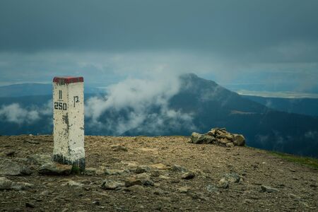 A beautiful mountain landscape in Tatry, Slovakia with a signの写真素材