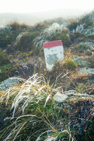 A beautiful mountain landscape in Tatry, Slovakia with a signの写真素材