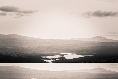 A beautiful, colorful sunset in mountains. Beautiful autumn in Norway. Abstract colorful look.の写真素材