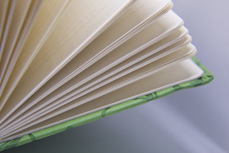 A beautiful closeup of a blank notebook in green covers.  Shallow depth of field photo.の写真素材