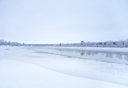 Beautiful frozen river with a trees on a bank. White winter landscape of central Norway. Light scenery.の写真素材