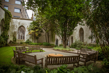 A beautiful old church transformed into public park in London. Landscape with a historic architecture.の写真素材