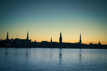 A beautiful city panorama during the sunrise. Riga, Latvia. Colorful cityscape.