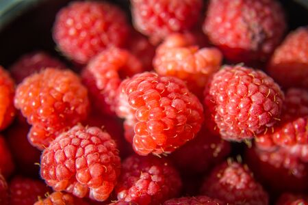 Beautiful, freshly picked garden raspberries in the summer. Summer berries, natural food, healthy dessert.の写真素材