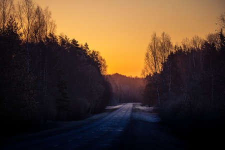 A beautiful landscape with a country road in misty morning during the sunrise. Morning scenery of a road in sprintime. Northern Europe.の写真素材