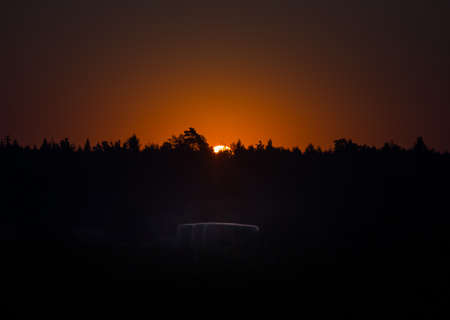 A beautiful summer sunrise behind the trees. Tree silhouette against the sunrise sky. Summertime scenery of Northern Europe.の写真素材