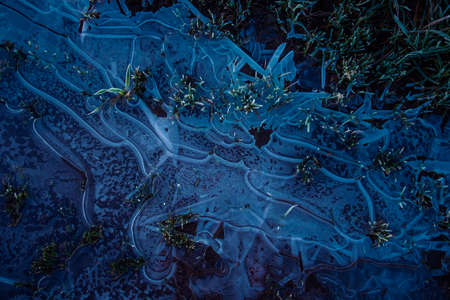 First autumn ice in a freezy morning. Fall scenery in Northern Europe.